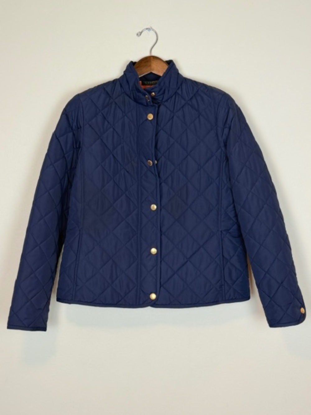 Lauren Ralph Lauren Diamond Quilted Snap Front Jacket Navy w/ Orange Lining Sz L